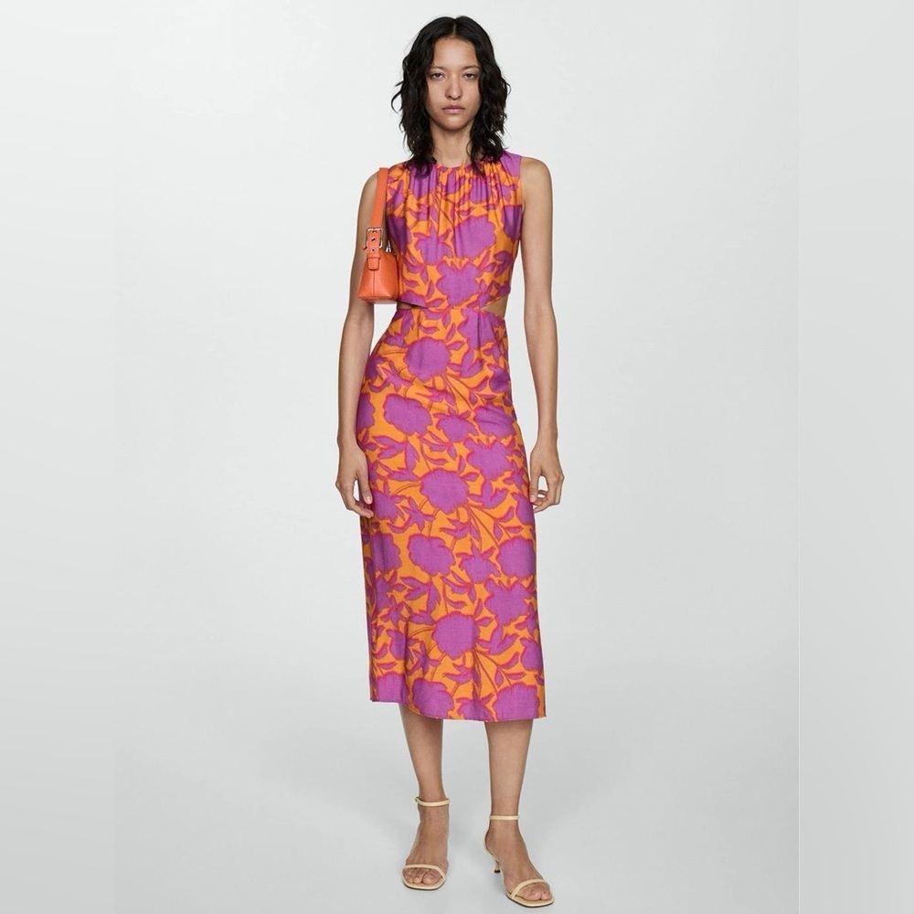 Mango MNG Floral Cut-Out midi Dress - Purple & Orange - Size 6/M